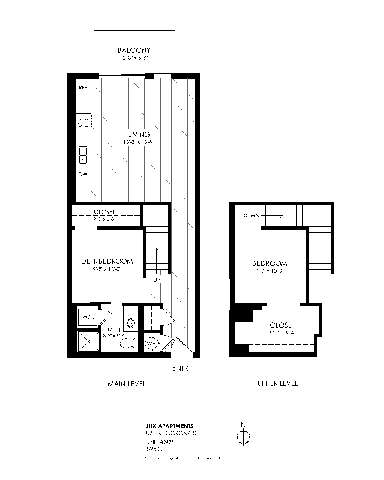 Floor plan for 1 bed, 1 bath, 825 sqft